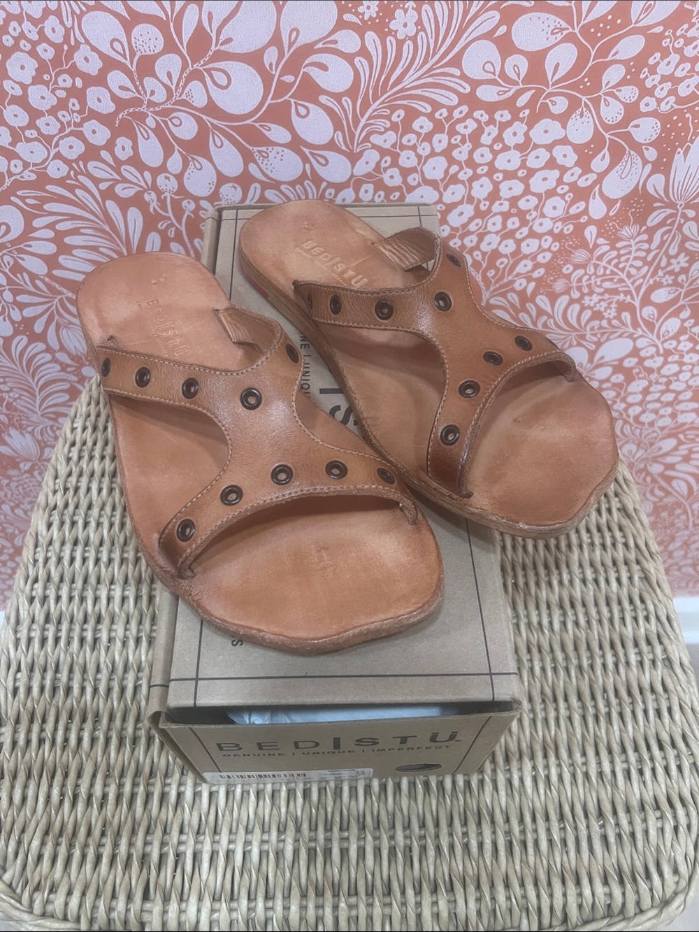 BED|STU Tan Leather Slide Sandals with Stud Accents
